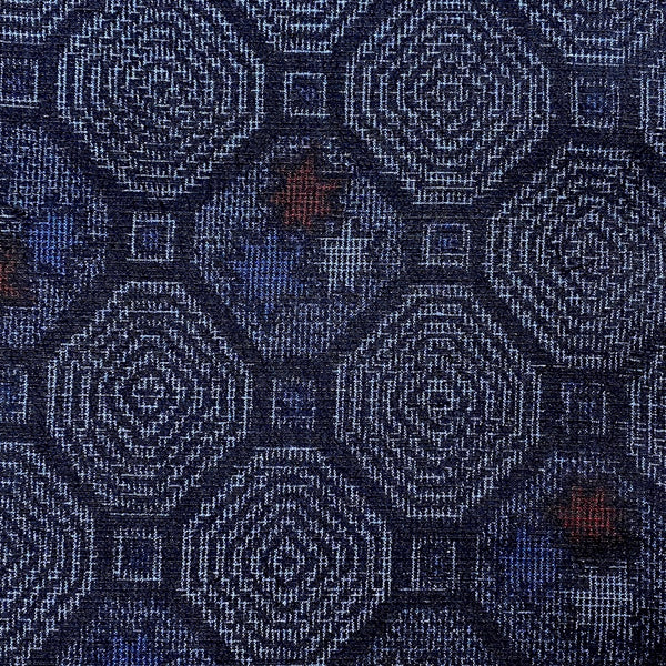 Octagons, Midnight/Blues/Black/Red Vintage Kimono Silk/Cotton Ikat Tsumugi from Japan By the Yard  # 838