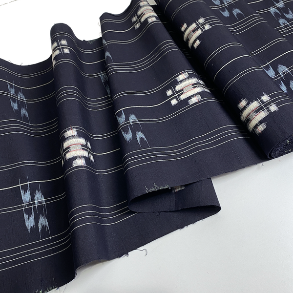 Dark Indigo Kasuri Ikat, Kimono Silk Handwoven Tsumugi from Japan By the Yard  # 839