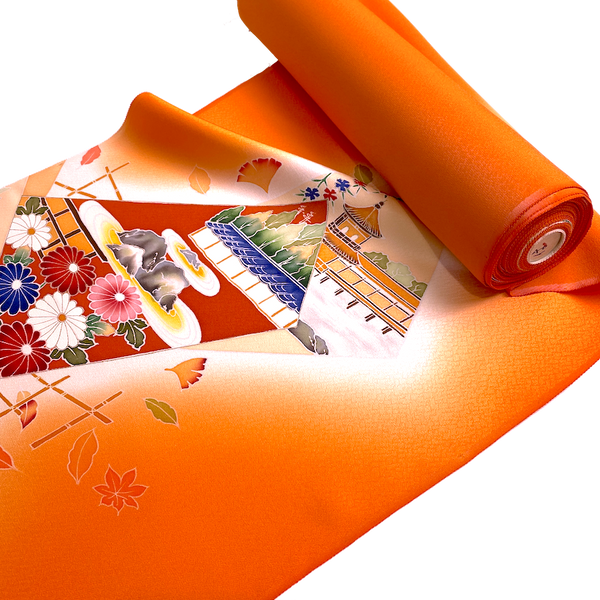 Full BOLT of Tangerine Vintage Furisode or Yuzen Kimono Silk Crepe from Japan #841