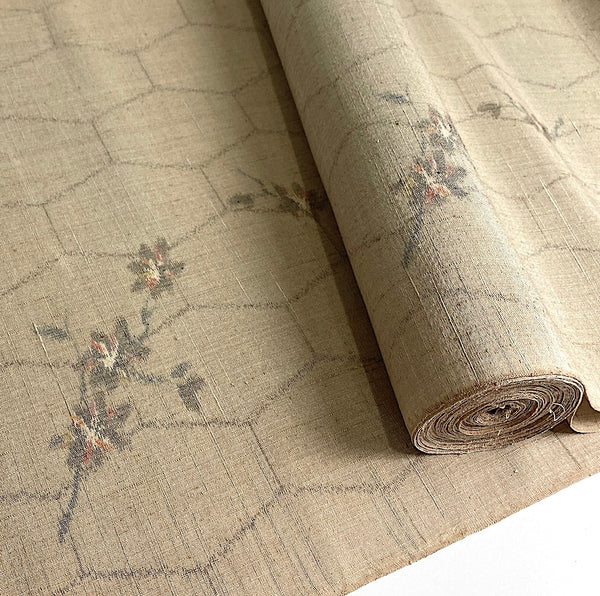 Dreamy Gray Flowers on Rustic Ecru / Kikko Hexagons Antique? Kimono Ikat Silk From Japan By the Yard #140