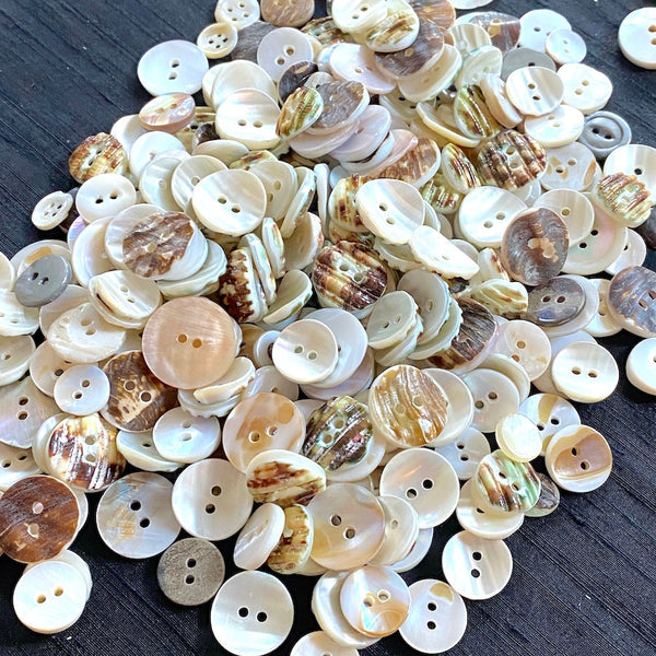 White Shell Stragglers, One Pound Mixed Sizes/Styles: 300+ Mostly MOP Pearl Shell Buttons, $27.00  #D-1025