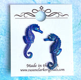 Running Low - Seahorse Buttons, Two in a Set, Hand-Painted Blue Tiny 7/8" Enamel Metal Sea Horse USA Susan Clarke