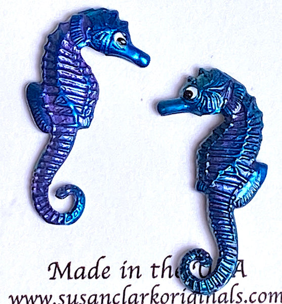 Running Low - Seahorse Buttons, Two in a Set, Hand-Painted Blue Tiny 7/8" Enamel Metal Sea Horse USA Susan Clarke