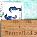 Running Low - Seahorse Buttons, Two in a Set, Hand-Painted Blue Tiny 7/8" Enamel Metal Sea Horse USA Susan Clarke