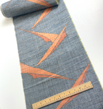 Remnant, Tribal Origami, Chunky Gray-Blues/Oranges Rustic Slubby Ikat Vintage Kimono Silk from Japan 14" x 1.75 Yard PIECE  #144