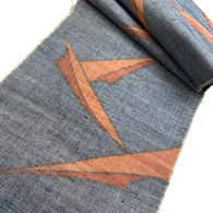 Remnant, Tribal Origami, Chunky Gray-Blues/Oranges Rustic Slubby Ikat Vintage Kimono Silk from Japan 14" x 1.75 Yard PIECE  #144