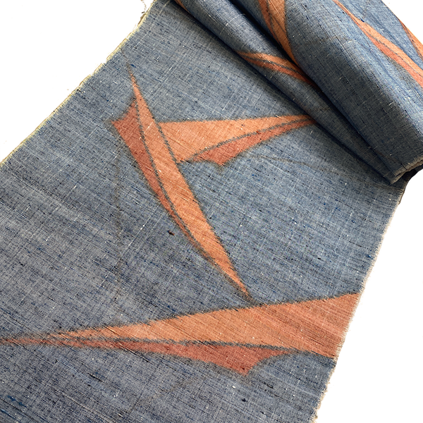 Tribal Origami, Chunky Gray-Blues/Oranges Rustic Slubby Ikat Vintage Kimono Silk from Japan By the Yard,  #144