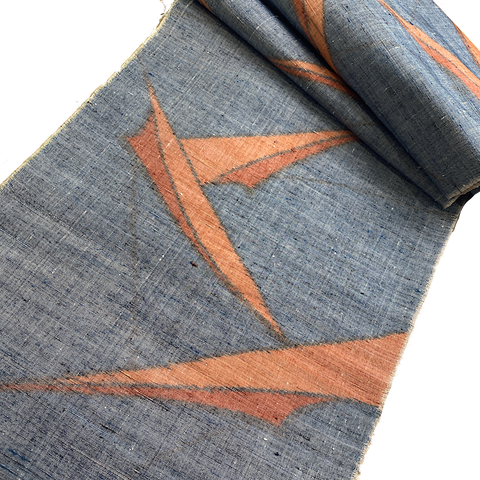 Remnant, Tribal Origami, Chunky Gray-Blues/Oranges Rustic Slubby Ikat Vintage Kimono Silk from Japan 14" x 1.75 Yard PIECE  #144