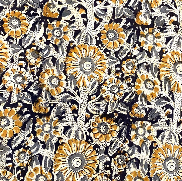 SALE Ochre/Gray/Black Cotton Kalamkari Hand Block Print from Krishna India, By the Yard #TK-30