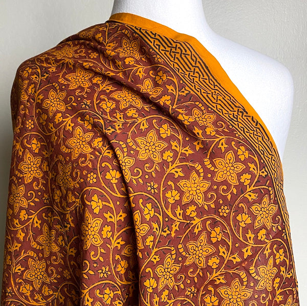 SALE Maroon Lightweight Traditional Floral Hand Block Print from India, Cotton Border Print, By the Yard #TK-31