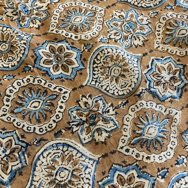 Deeper Sale, Ochre-Brown/Blue/Tan Traditional Hand Block Print from India, Vegetable Dyes, Cotton, 45" Wide By the Yard #TK-32