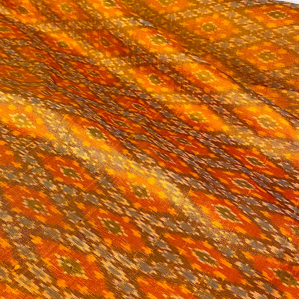 Remnant, 1 Yard, Glistening Orange Tangerine/Blue/Brown Diamonds, Silk Ikat Handloom from India, 44" Wide  #TK-39