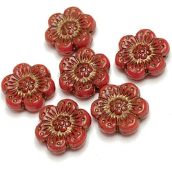 SALE - Red Wild Rose Czech Glass Beads, PACK OF SIX Beads, 13mm / 1/2, #L-925