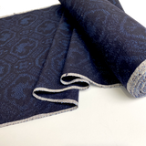 Indigo Deer on Black, Vintage Yuki Tsumugi Ikat Kimono Silk from Japan, By the Yard #210