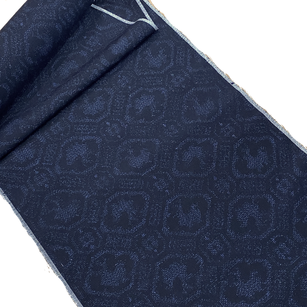 Indigo Deer on Black, Vintage Yuki Tsumugi Ikat Kimono Silk from Japan, By the Yard #210