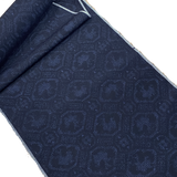 Indigo Deer on Black, Vintage Yuki Tsumugi Ikat Kimono Silk from Japan, By the Yard #210