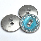 Re-Stocked, Blue Turquoise Metal w. Silver Swirls Border 11/16" Button. #SWC-91