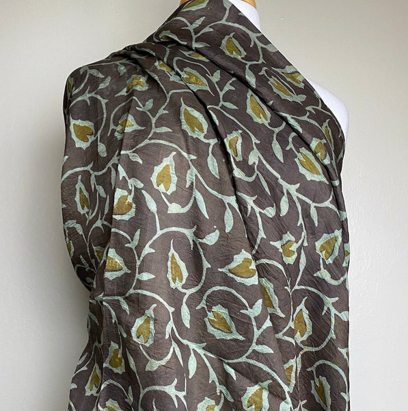 Last Yard, Brown/Teal/Olive Hand Block Print Mulberry Silk: from India  #TK-41