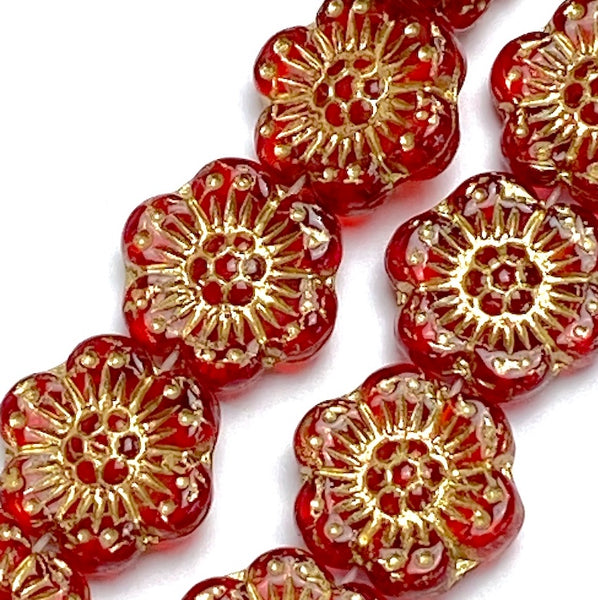 Sale, Red/Gold Flower Beads, Czech Glass 13mm / 12" Strand of 8 Beads  #L-411