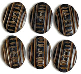 Black Oval, Brown Slashes, Carved Horn Button 2 Holes,  1" x 3/4".   #SK-714