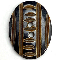 Black Oval, Brown Slashes, Carved Horn Button 2 Holes,  1" x 3/4".   #SK-714