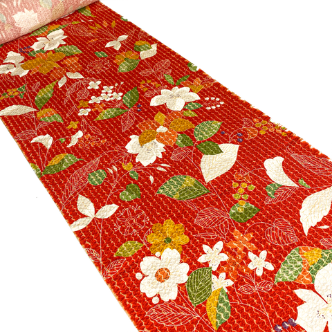 Red-Orange Crinkle Floral Vintage Kimono Silk from Japan By the Yard #PA-12