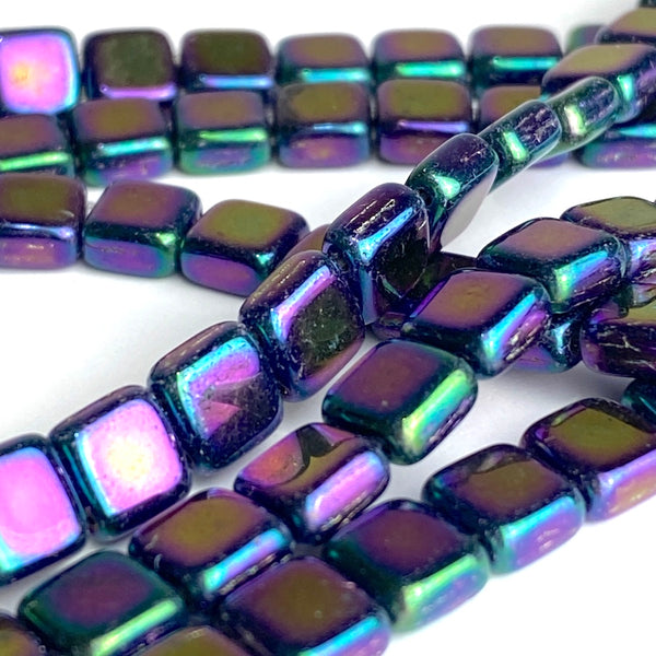 SALE, Purple/Black TINY 1/4" Czech Glass Tile Beads, 2 Holes, 6mm, STRAND OF 60 BEADS #L-448