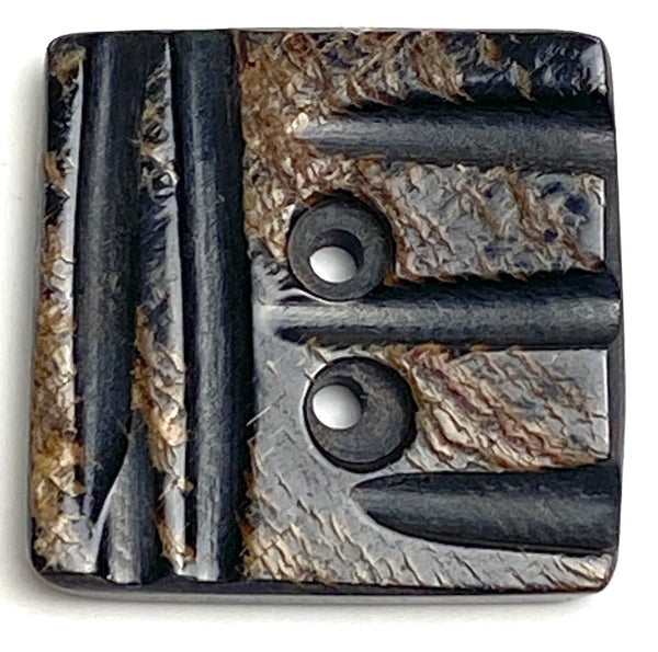 Black / Brown Five Rustic Grooves Square-ish Horn Button 1" Two Holes,  #SK-0052