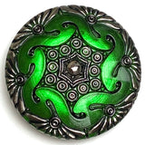 Dark Green Large Deco Hexagon Handpainted OOAK Czech Glass Button, 1-5/8", Susan Clarke  #SC885 E