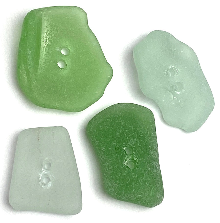 Set of Four Mixed Greens Sea Glass Buttons Approximately 1