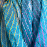 Running Low, Unusual, Sheer Artisan Hand Dyed Undulating Stripes, Teal/Gold/Magenta Chiffon Whisper-Light By the Yard  #TK-56