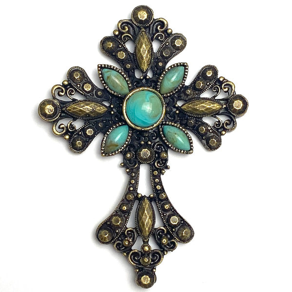 Cross With 'Turquoise', Large Antique Brass 3" Embellishment, Not a Button #SV-726