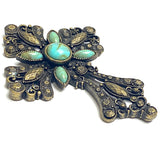 Cross With 'Turquoise', Large Antique Brass 3" Embellishment, Not a Button #SV-726