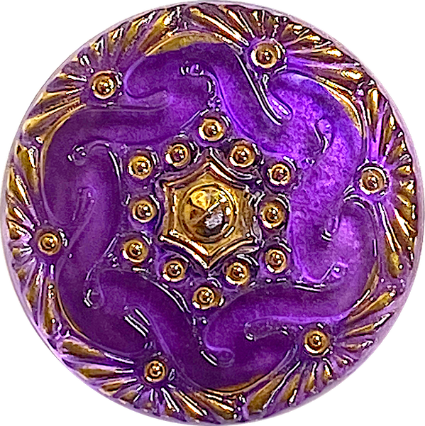 Running Low, Purple/Gold Czech Glass Button, 1-1/8", Hand Painted by Susan Clarke #SC-1519H