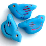 SALE Aqua Sky Blue Bird, Czech Glass BEAD,  7/8"   #L-263
