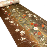 Remnant, Elegant Gold-Brown Traditional Floral Vintage Kimono Silk from Japan 14" x 35" Piece #PA-16