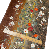 Remnant, Elegant Gold-Brown Traditional Floral Vintage Kimono Silk from Japan 14" x 35" Piece #PA-16