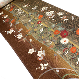 Remnant, Elegant Gold-Brown Traditional Floral Vintage Kimono Silk from Japan 14" x 35" Piece #PA-16