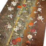 Remnant, Elegant Gold-Brown Traditional Floral Vintage Kimono Silk from Japan 14" x 35" Piece #PA-16