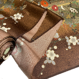 Remnant, Elegant Gold-Brown Traditional Floral Vintage Kimono Silk from Japan 14" x 35" Piece #PA-16