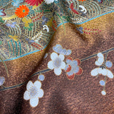 Remnant, Elegant Gold-Brown Traditional Floral Vintage Kimono Silk from Japan 14" x 35" Piece #PA-16