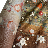 Remnant, Elegant Gold-Brown Traditional Floral Vintage Kimono Silk from Japan 14" x 35" Piece #PA-16