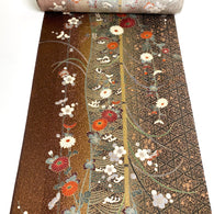 Remnant, Elegant Gold-Brown Traditional Floral Vintage Kimono Silk from Japan 14" x 35" Piece #PA-16