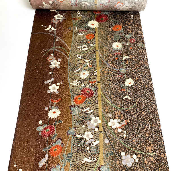 Elegant Gold-Brown Traditional Floral Vintage Kimono Silk from Japan By the Yard #PA-16