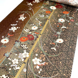 Remnant, Elegant Gold-Brown Traditional Floral Vintage Kimono Silk from Japan 14" x 35" Piece #PA-16