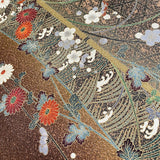 Remnant, Elegant Gold-Brown Traditional Floral Vintage Kimono Silk from Japan 14" x 35" Piece #PA-16