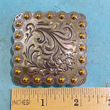 Large 2-1/4" Square Concho: Silver/Gold Flower Engraved  Screwback  #SWM-11