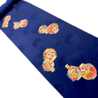 SALE, Supple Drapey Midnight Navy with Cloisonné Vases, Vintage Kimono Silk from Japan By the Yard #PA-19