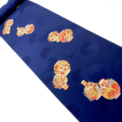 SALE, Supple Drapey Midnight Navy with Cloisonné Vases, Vintage Kimono Silk from Japan By the Yard #PA-19