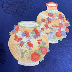 SALE, Dark Navy with Cloisonné Vases, Vintage Kimono Silk from Japan By the Yard #PA-19
